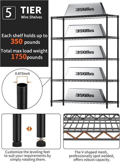 Golpart 5 Tier Adjustable Storage Shelves Heavy Duty Metal Utility Shelf 1750LBS Capacity Wire Shelving Unit Organizer Rack for Home Kitchen Garage Pantry Room 18" D x 46" W x 77" H Black