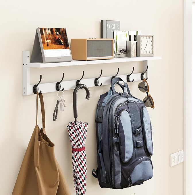 BAMEOS 35" L Wall Hooks with Shelf, Entryway Coat Hooks, Wood Wall Hanging Shelf, Wall-Mounted Coat Rack with 7 Dual Metal Hooks for Bathroom, Kitchen, Living Room, Bedroom (White)