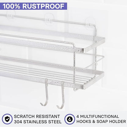 KINCMAX Premium Shower Caddy with Soap Holder, 2-Pack Adhesive Organizer, No Drill Bathroom Shelves, Rustproof Stainless Steel Shelves for Inside Shower, Storage Rack, Silver