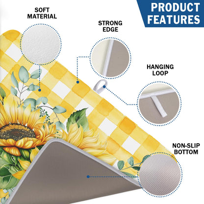 Sunflower Dish Drying Mat 18x24 Inch Absorbent Reversible Summer Sunflower Drying Mat Summer Plaid Dish Drying Rack Mat Yellow Summer Themed Dish Drainer Mat for Kitchen Counter Coffee Bar
