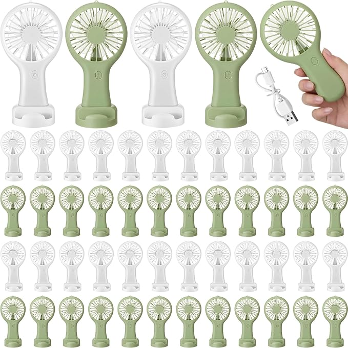 Woanger 48 Pack Mini Powerful Handheld Fan Bulk 3 Speed USB Rechargeable Small Desk Fan Summer Gift for Wedding Beach Outdoor Women Eyelash (White,Sage Green)