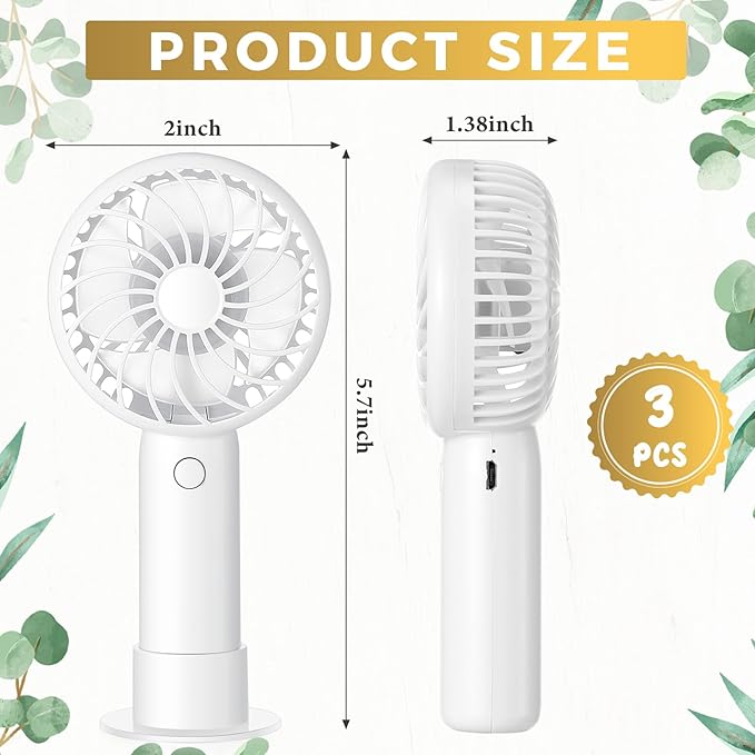 Tujoe 3 Pcs Mini Powerful Handheld Fan 3 Speed Personal Small Portable Rechargeable Fan with Base USB for Women Eyelash Makeup Office Travel Beach Indoor Outdoor (White)