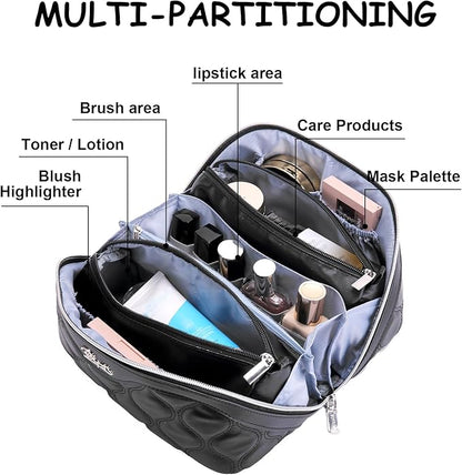 BOYATU Travel Makeup Bags for Women Cosmetic Bag: Puffy Make up Bags Set of 3 - Vegan Leather Makeup Organizer - Waterproof Large Toiletry Bag with Compartments - Travel Essentials (H-1-Black)