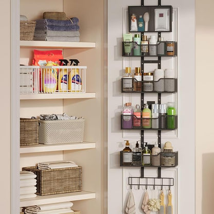 Hongtamoya Adjustable Over The Door Organizer, Closet Door Organizer Heavy Duty Hanging Door Storage with 4 Metal Baskets and PVC Pocket, Behind Organizer for Bathroom Closet Bedroom Cabinet, Black