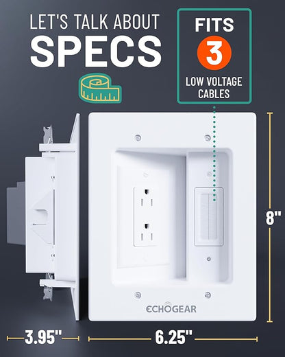 ECHOGEAR TV Cord Hider for Wall Mounted TV – Dual Outlet in-Wall Cable Management Kit for Power & Low Voltage Cables – Includes 6.25”L x 8”H x 3.95”D Module, Wall Template, Saw, 6ft Extension Cord