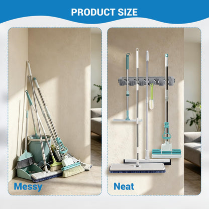 2 Pack 16 in Broom Mop Holder Garage Storage Organizer with 5 Racks 6 Hooks Adjustable Wall Mounted Storage Tool for Lanudry Garage Kitchen Garden (2 Count)
