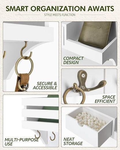 Rebee Vision Decorative Key Holder Wall Mount for Home Decor - Stylish Mail Organizer with 9 Key Hooks and Mini Drawer Organizer for Apartment Essentials - Room Decor Aesthetic (White)