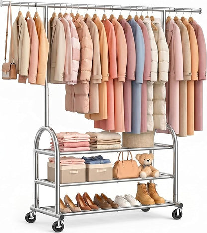 EAGMAK Heavy Duty Clothes Rack for Hanging Clothes Load 688 LBS, Height Adjustable Rolling Clothing Racks, Portable Metal Coat Rack Garment Wardrobe with Wheels and 3 Shelves for Bedroom, Silver