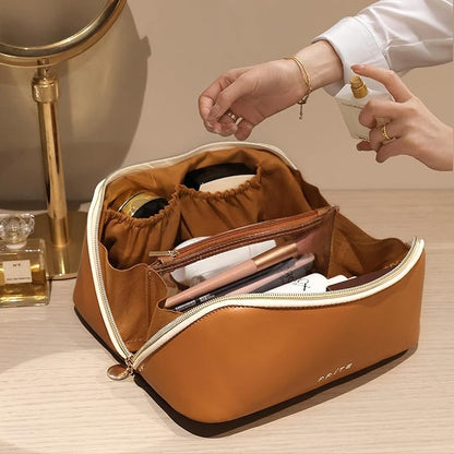 Prite Makeup Bag for Women Travel Waterproof Vegan Leather Cosmetic Bag Open Flat Toiletry Bag With Clear Divider and Handle (New Brown, Large)