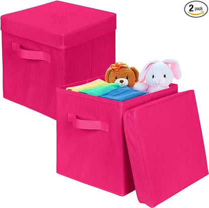 ShellKingdom Storage Bins, Foldable Fabric Storage Cubes with Lid, Clothes Storage Organizer Drawer For Closet Toys Storage, 10.5 X 10.5 X 11 INCH, 2 Pack (Fuchsia)