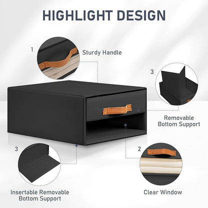 DIMJ Closet Organizers and Storage - Foldable Storage Bins with Drawers Fabric Stackable Storage Drawers with Clear Window,Fabric Clothes Organizers and Storage Drawers for Closet, 4-Pack, Black