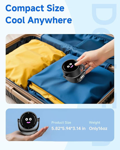 YOSHENMO Portable Desk Fan for Bedroom, Turbo Table Fans with smile icon LED Display, 6-inch, 5-Speed Strong Airflow, Low Noise, 360° Adjustable Tilt, Suitable for Home, Office, Outdoor, Ink Black