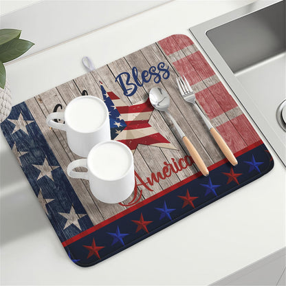 4th of July Dish Drying Mat 18x24 Inch Patriotic God Bless America Memorial Kitchen Mats Independence Day Absorbent Dishes Pad for Kitchen Counter USA Star Drying Mat Home Decor for Countertop