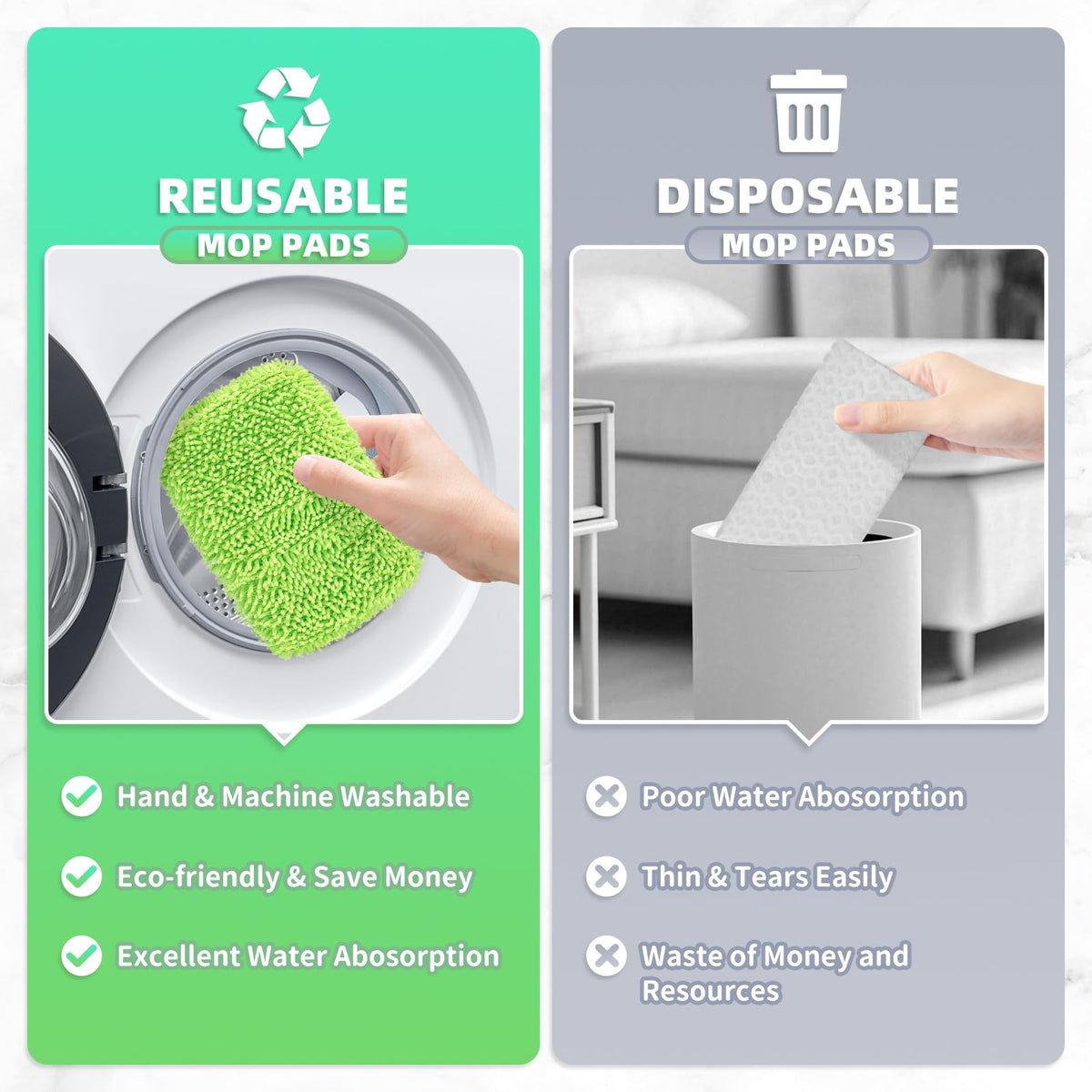 8 Pack Green Reusable Chenille Mop Pads Fit for Swiffer Sweeper (8 Count)