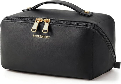 BAGSMART Makeup Bag Travel Cosmetic Bag, Large Make Up Bag Flat Open Toiletry Bag for Women, Waterproof PU Leather Travel Essentials Organizer Case, Wide-open Pouch Purse for Skincare, Brushes, Black