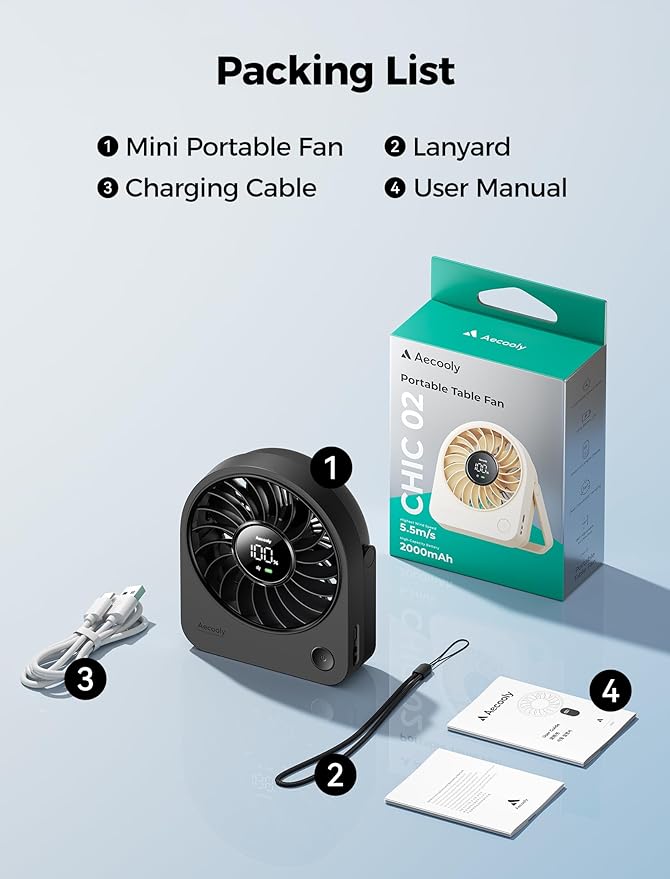 Aecooly Mini Portable USB Desk Fan, Small Enough to Hold Mighty Desktop Fan, USB & Battery Powered Quiet Table Fans, 4 Speeds Rechargeable Personal Fans for Home, Office, Travel, Gifts -Black