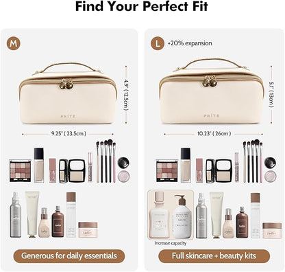 Prite Makeup Bag for Women Travel Waterproof Vegan Leather Cosmetic Bag Open Flat Toiletry Bag With Clear Divider and Handle (Beige, Medium)