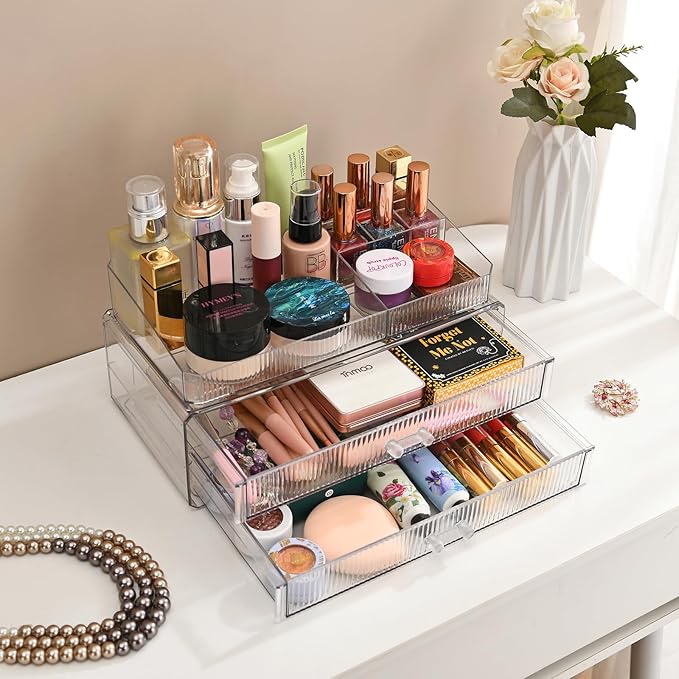 ZHIAI stackable storage drawers, acrylic storage rack, cosmetics and beauty products organizer, suitable for makeup room, bathroom, pantry, home bedroom storage