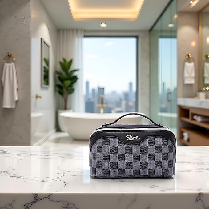 BOYATU Travel Makeup Bag for Women: Large Cosmetic Bag Set of 3 - PU Leather Make up Bag with Compartments - Compact Waterproof Toiletry Bag with Divider & Handle (D-2-Black)