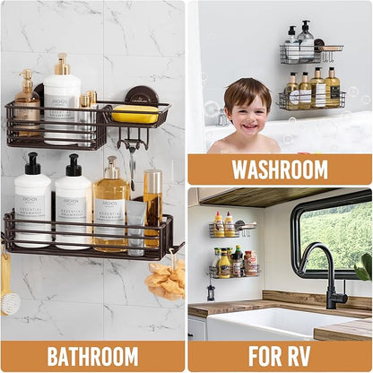 LEVERLOC Shower Caddy Suction Cup, 2 Pack Shelves for Inside with Hooks and Soap Organizer, NO-Drilling Bathroom Holder, Rustproof Meatl Bathroom Basket, Brown