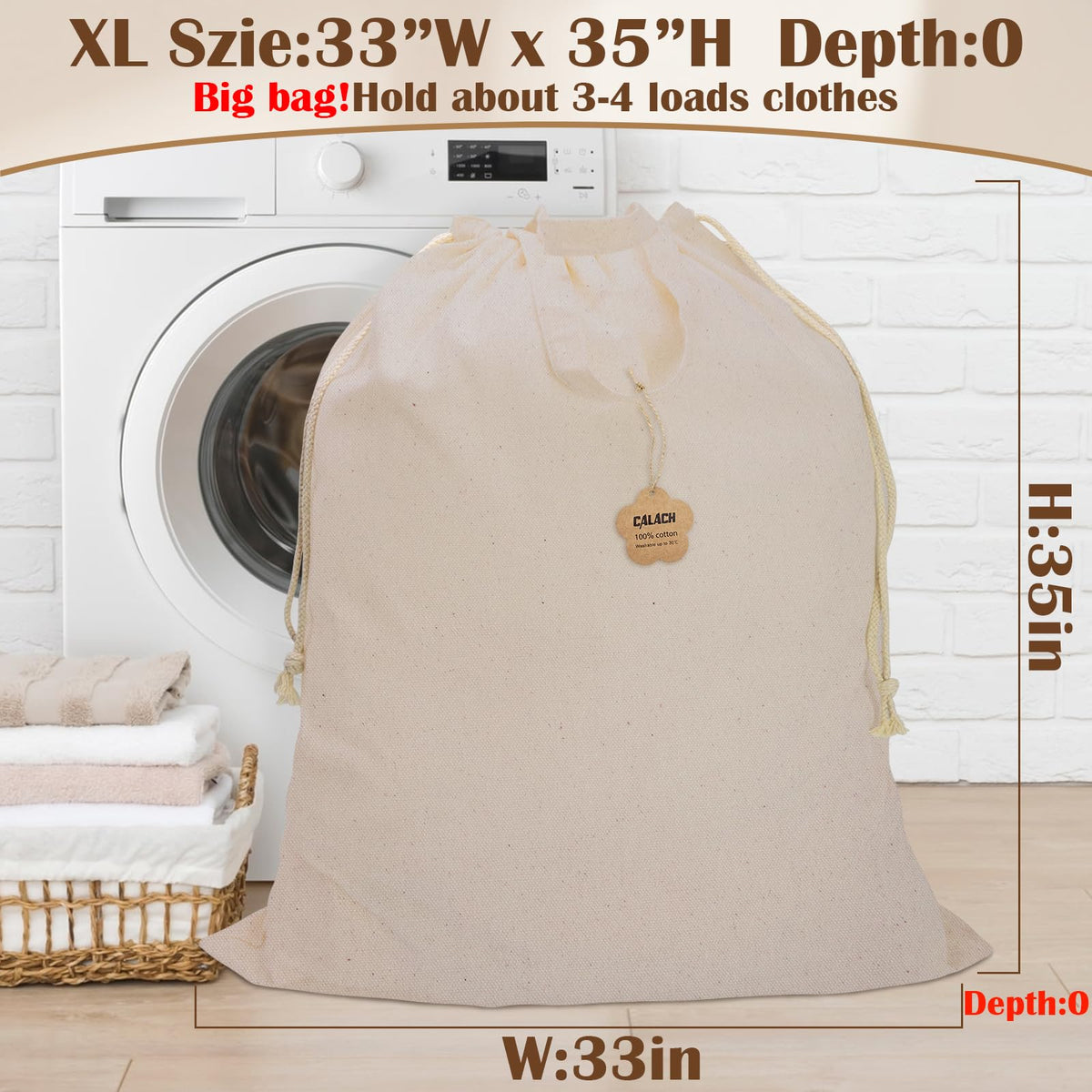 Cotton Canvas Laundry Bag with Handles & Drawstring