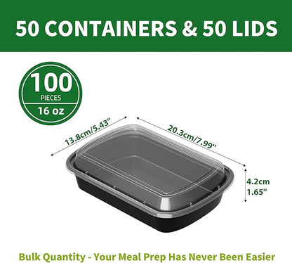 Meal Prep Containers, 50 Pack 16oz (100-Piece) Disposable Take Out Food Storage Containers with Leakproof Lids, Reusable Plastic To Go Lunch Boxes, BPA Free, Microwave/Dishwasher/Freezer Safe
