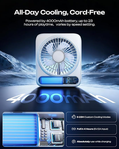 Otlonpe Personal Portable Desk Fan, 4000mAh Small Rechargeable Portable Fan Battery Operated & USB Powered for Travel Sleeping Bedroom Office Home Table, Cordless, Quiet, 4-Speed, 6.5 Inch (White)