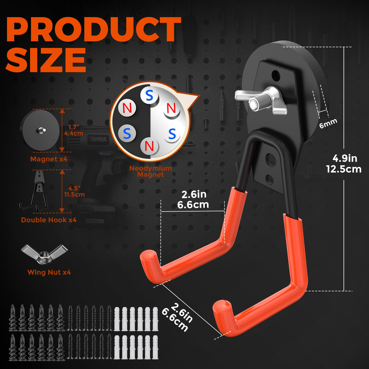 4 Pcs Large Strong Magnetic Hooks Heavy Duty Garage Big Magnet Hooks Extra Strength Magnetic Utility Storage Hook Hanger with Anti Slip Coating for Garden Indoor Outdoor Hanging Tools Orange (4 Count)