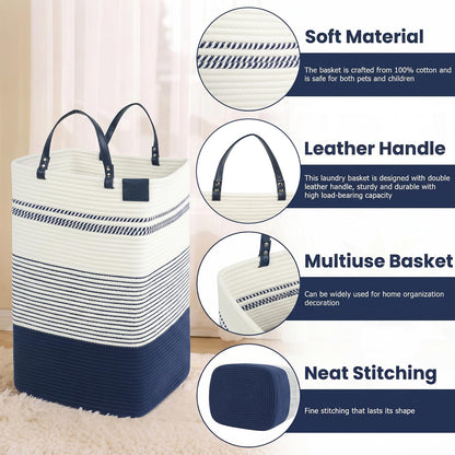 75L Woven Laundry Hamper with Long Leather Handles