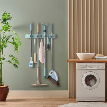 Turquoise Mop Broom Holder Wall Mount with 4 Slots & 4 Hooks