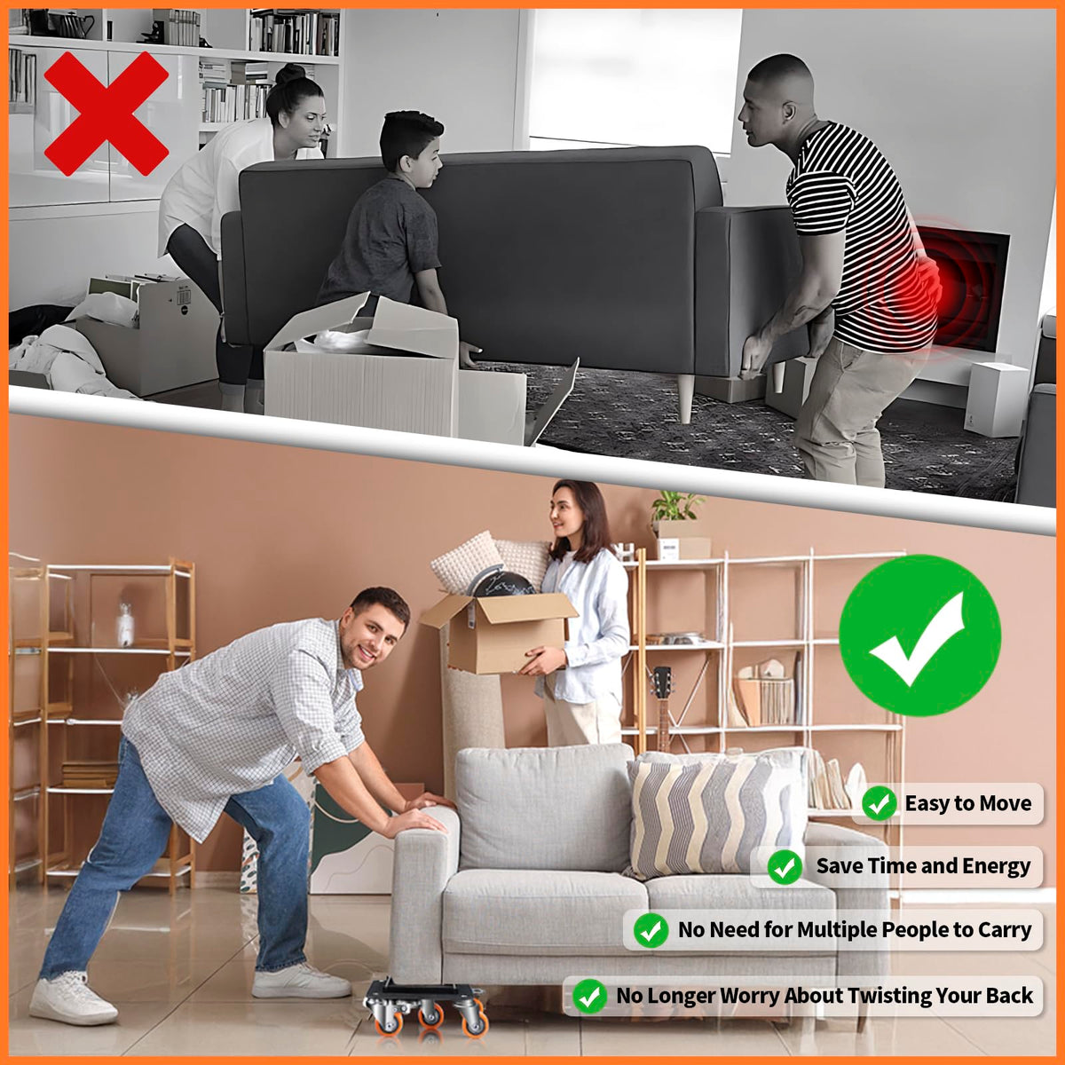 Furniture Dolly 5 Wheels Heavy Duty with Removable Side Guards 3900Lbs Capacity 360°Rotating Wheels Side Brake 5 Rollers Casters Cart Furniture Movers Lifter Tool for Sofas Beds Appliances Safe (4 Count)