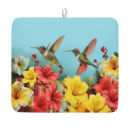 Hummingbirds Floral Dish Drying Mat for Kitchen Counter 16x18 In Hibiscus Tropical Drying Mat Farmhouse Fast Dry Absorbent Microfiber Dish Drainer Rack Pad for Countertop Decor