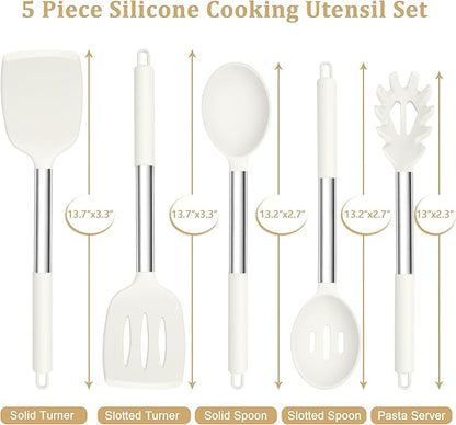 TeamFar Cooking Utensils Set, 5 Pcs Silicone Kitchen Utensils with Stainless Steel Handle, for Nonstick Cookware Flipping Frying Turning Draining, Heatproof & Healthy, Healthy & Easy Clean, White