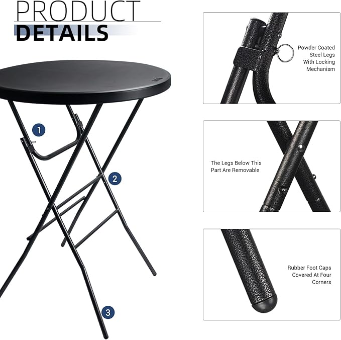 Byliable 32in Cocktail Table Black High Top Folding, Portable Bar Height Folding Table Round with Removable Carbon Black Legs, Indoor Outdoor Banquet for Parties, Commercial, Speech