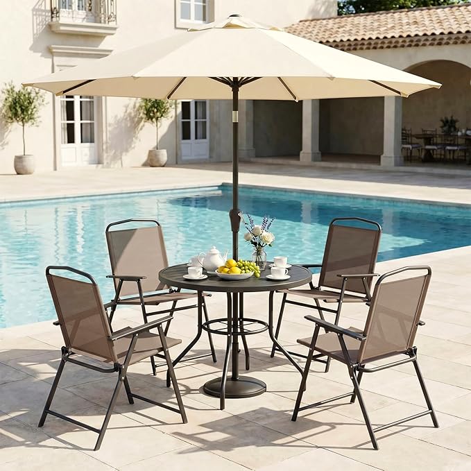 TLSUNNY Patio Folding Chairs Set of 4, Portable Dining Lawn Chairs, Outdoor Folded Furniture W/Breathable Textilene & Steel Frame, Armrests & Crossbar, All Weather for Pool, Camping (4, Brown)