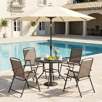 TLSUNNY Patio Folding Chairs Set of 4, Portable Dining Lawn Chairs, Outdoor Folded Furniture W/Breathable Textilene & Steel Frame, Armrests & Crossbar, All Weather for Pool, Camping (4, Brown)