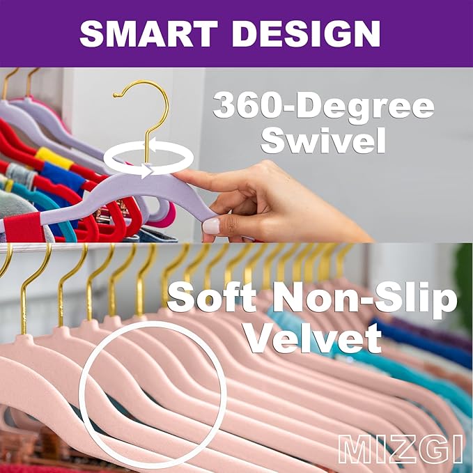 MIZGI Pink Velvet Hangers 30 Pack Gold Hooks Clothes Non-Slip Felt Heavy Duty,Durable Suit Hangers for Space Saving, No Hanger Marks