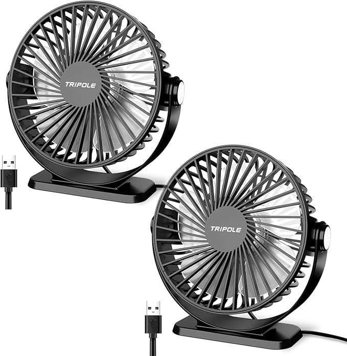 TriPole Desk Fan USB Powered 2 Pack Black Small Portable Fan, 3 Speeds Strong Airflow Mini Fan 360°Rotation Personal Fan 5.1 Inch Table Fan for Home Office Bedroom Desktop Travel, 4.9ft Cable