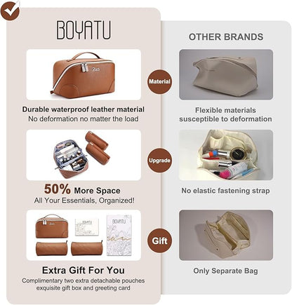 BOYATU Travel Makeup Bag Cosmetic Bags for Women: 3 Pcs Set Large Capacity Make up Bag with Handle - Waterproof Vegan Leather Toiletry Bags Travel Essentials with Compartments(C-1-Brown)