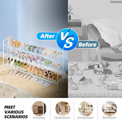 3 Tier Shoe Rack for Closet, 44 Inch Extra Long Shoe Storage Organizer for Shelves, Heavy Duty Metal, Easy Assembly, White