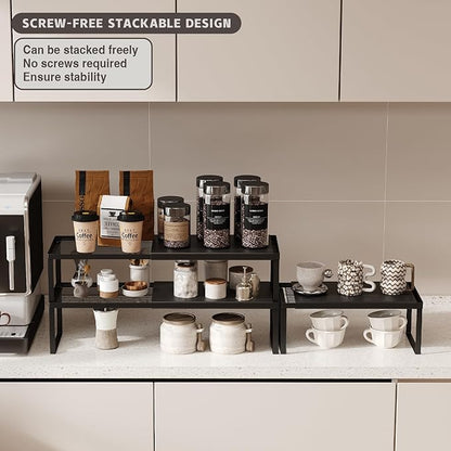 Magheo Expandable Cabinet Shelf Organizer, 1 Pack Stackable Kitchen Counter Shelf Riser, Metal Spice Rack Heavy Duty Countertop Organizer Storage for Kitchen, Pantry, Cupboard, Rv (5.9in Height,Black)