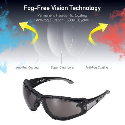 Safety Glasses Anti Fog Scratch Resistant ANSI Z87.1 CE Protective Eyewear with Foam Gasket Adjustable Strap
