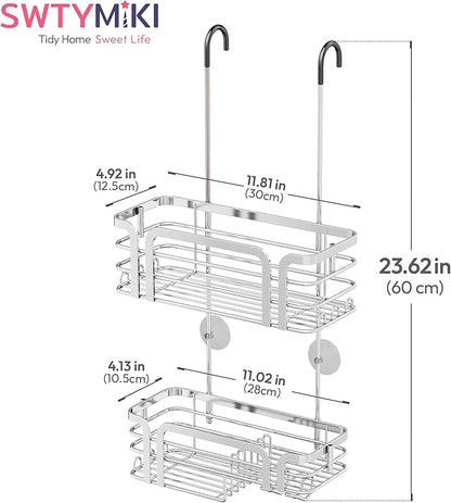 SWTYMIKI Shower Caddy Hanging Organizer - Over the Door Shower Caddy with Soap Holder, 11 Hooks, 2 Installation Ways, Stainless Steel Rustproof Bathroom Organizer, Silver