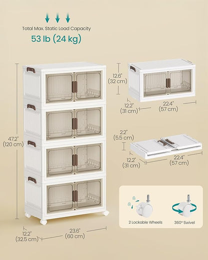 SONGMICS 58QT Plastic Storage Bins with 1 Lid, 4-Tier Stackable Bins with Doors and Wheels, Foldable Storage Boxes, for Closets, Bedroom, Living Room, Office, White URLB460WZ01