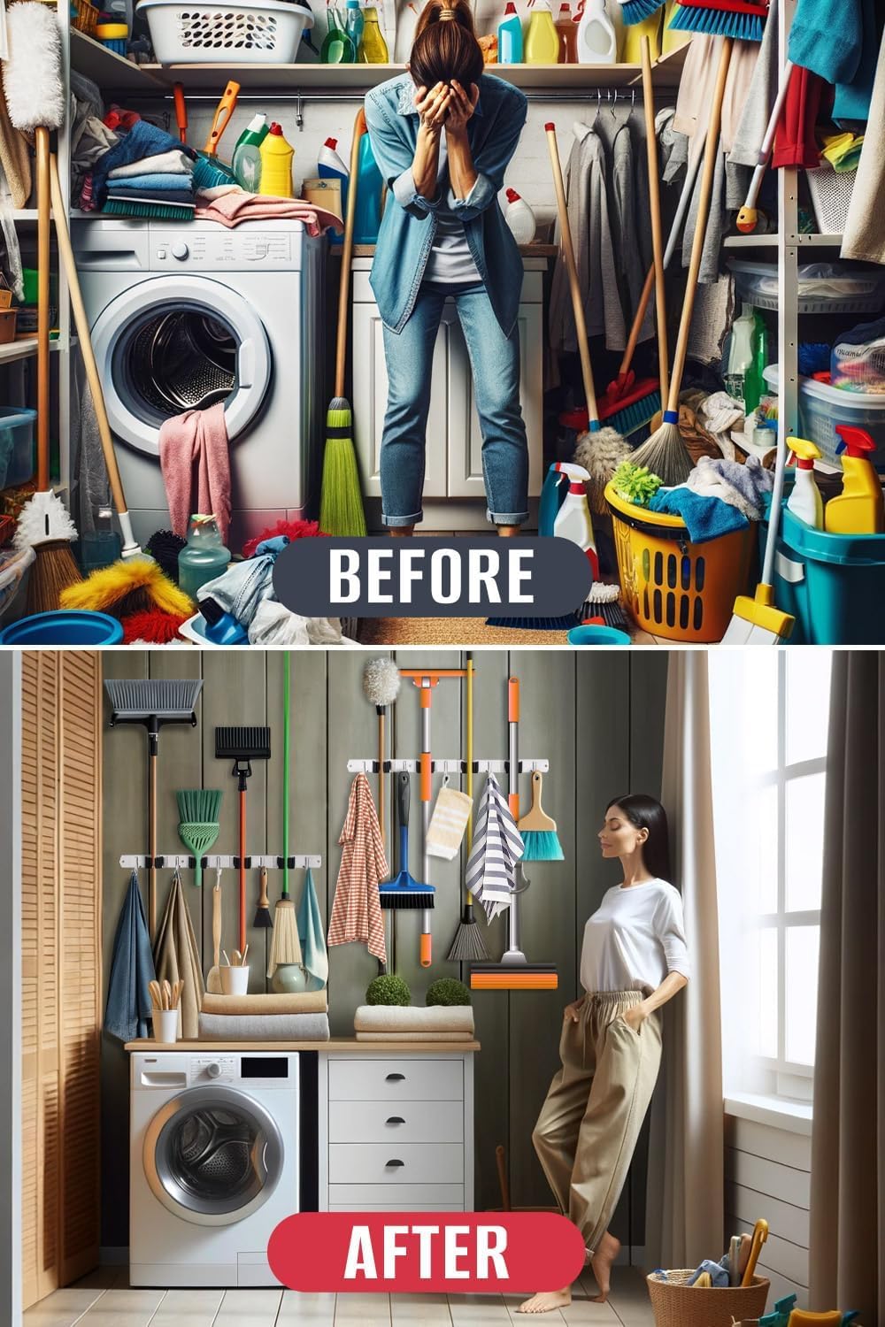 Compact Mop and Broom Holder Wall Mount
