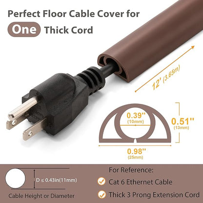 12ft Cord Cover Floor for Extension Cords, Self-Adhesive Floor Cable Cover to Protect Cables & Prevent Tripping, PVC Cord Hider Protector, Internal Wire Management Channel Diameter: 0.39", Brown