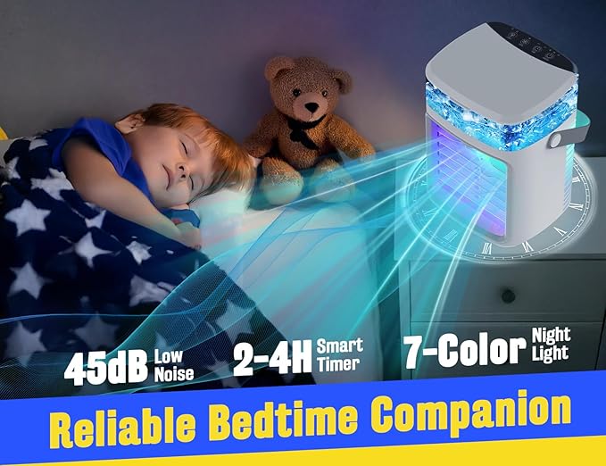 Portable Air Conditioners - Rechargeable Evaporative Air Cooler Humidifier with 3 Speeds, 2/4H Timer & 7 Colors Light Portable AC Unit Personal Mini Air Conditioner Cooling Fan for Bedroom Home Office