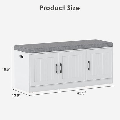 3-Tier Shoe Storage Bench with Adjustable Shelf, Large Capacity Entryway Shoe Bench with Thickened Padded Seat Cushion and 3 Doors for Entry, Bedroom, Hallway (White,42.5 * 14in)
