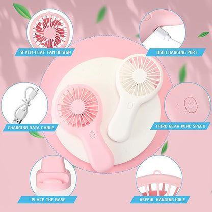 Woanger 12 Pcs Mini Handheld Fan Bulk 3 Speed USB Electric Battery Operated Small Portable Pocket Fan with Data Cable and Mounting Base Quiet Summer Gift for Wedding Camping Travel(Pink and White)