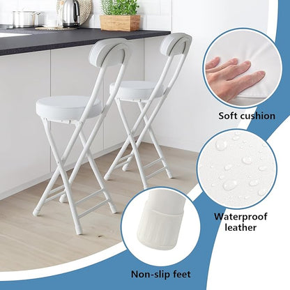 Folding Stool,Cushioned Padded Folding Bar Stool,24inch White Height Heavy Duty Portable Chair Stool with 300lbs Capacity for Kitchen Living Room Garden Camping Fishing